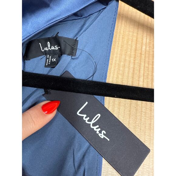 NWT Lulus Distinctive Charm Slate Blue Satin Asymmetrical Maxi Dress Wedding 1X - Picture 6 of 8